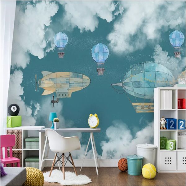 

nordic children's room background wall paper 3d hand-painted cartoon airplane air balloons mural wallpaper for kids room