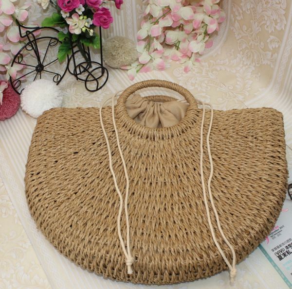 

2020 round moon shaped straw totes bag hand woven beach travel party bag large bucket summer bags women natural handbag ffa1906