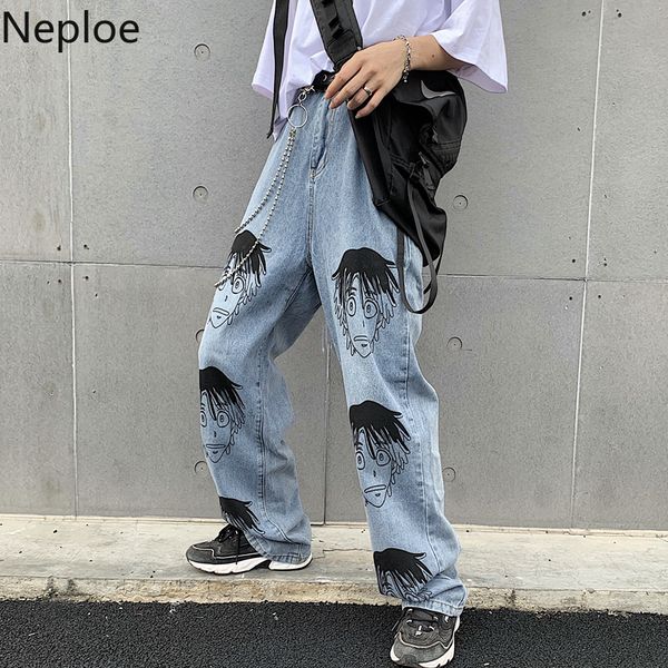

neploe cartoon character printed straight jeans pants summer harajuku loose trousers high-waisted women men long pants 53180, Blue