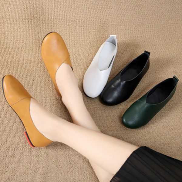 

spring casual shoes female solid color flat shoes woman hand-sewn leather loafers round toe shoe, Black