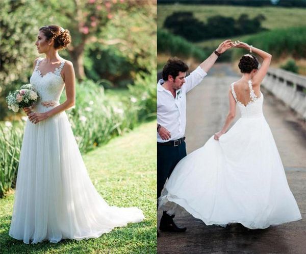 

spaghetti strap a line country wedding dresses 2019 lace appliques ruched chiffon sweep train backless garden bridal gowns, White