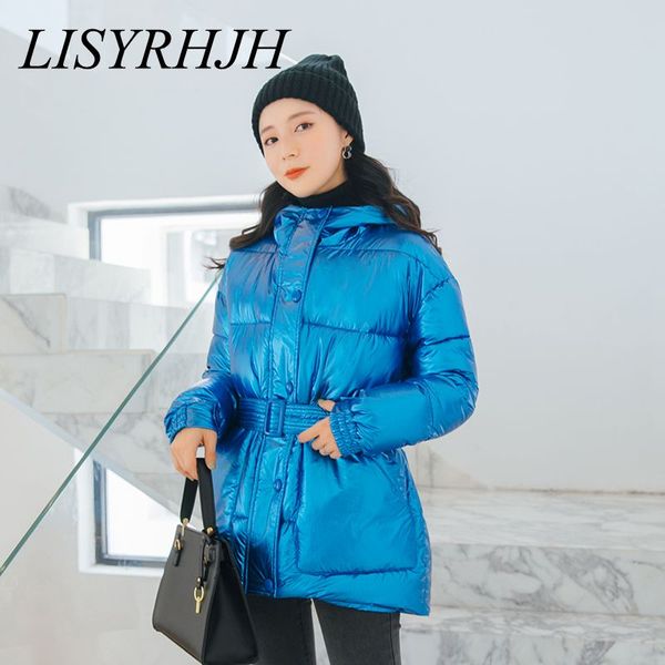

women's down & parkas 5-color bright winter jacket fashion trend hooded cotton coat ladies belt slim warm parka, Black