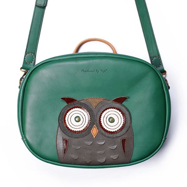 

green leather messenger bag women owl design shoulder bag