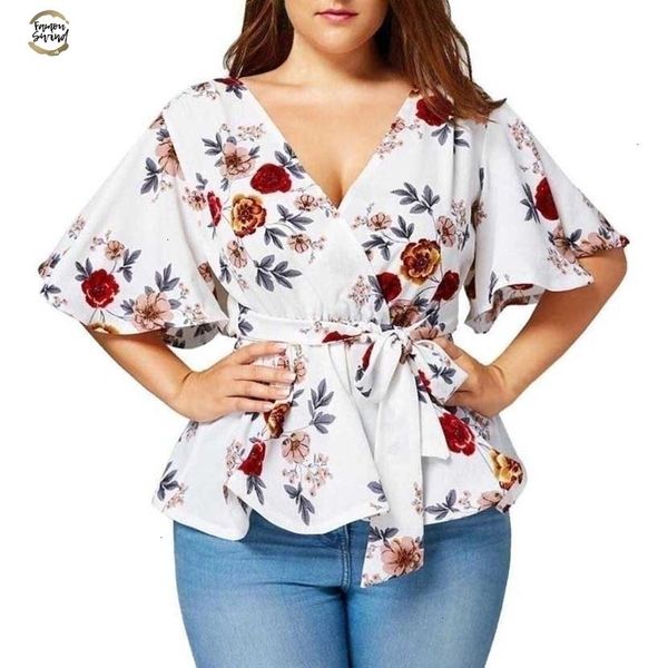 

women's blouse plus size v neck floral print flare sleeve belted surplice peplum and blouse blusas feminina, White