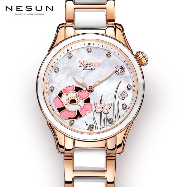 

nesun ladies watch fashion quartz watch ladies sapphire diamond business casual waterproof watches, Slivery;brown