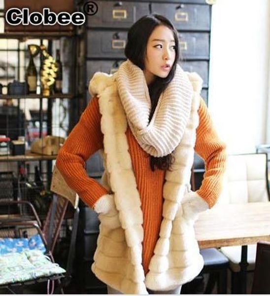 

2019 women big size feminina outerwear long vest jacket solid black and white winter fall faux fur waistcoat with hooded yr76