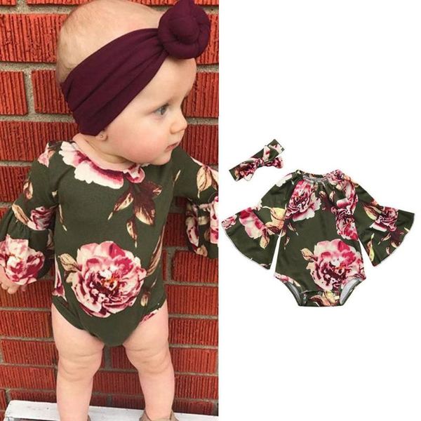 

little girls o-neck big flowers print casual fashion triangle rompers flare sleeves rompers+turban 2pcs clothing sets, Blue