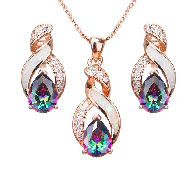 

australian white opal mystic rainbow zz stud earrings rose gold charms pendant necklace jewelry sets for women js8, Silver