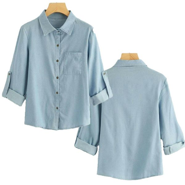 

trendy women clothes denim long sleeve button blouses pocket loose fit casual polyester shirts one pieces, White