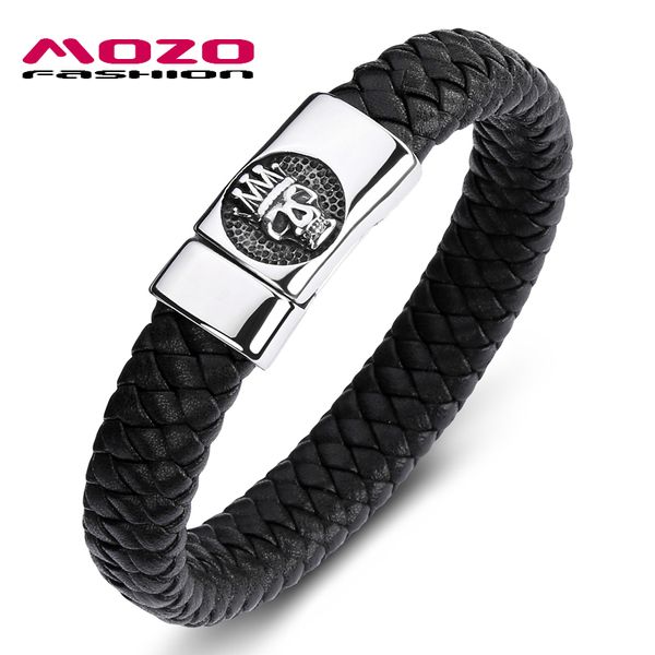 

fashion classic men bracelet black leather stainless steel magnet buckle bracelet man king of skulls punk jewelry ps2090, Golden;silver