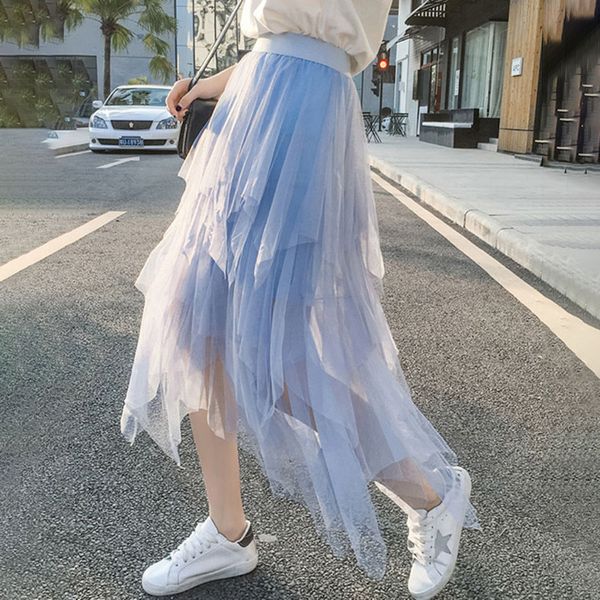 

skirts women irregular tulle ball gown elastic fashion high waist mesh tutu skirt pleated long midi jupe femmle, Black