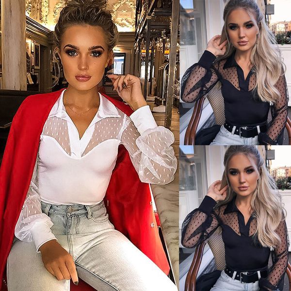 

women casual lantern sleeve dot printed perspective blouse shirts long sleeves mesh lace patchwork turn-down collar fashion, White