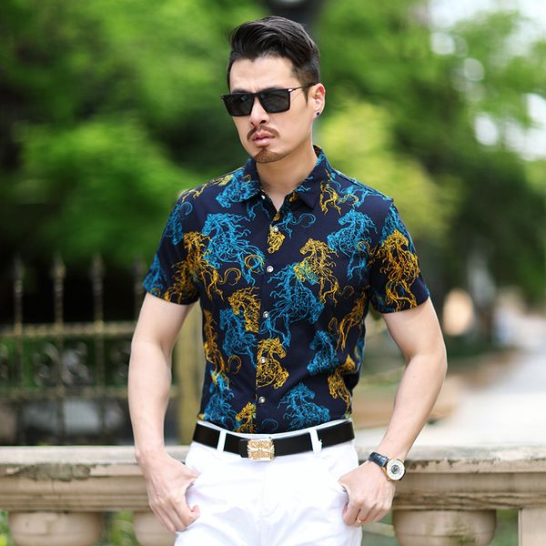 

creative horse pattern printing fashion slim short sleeve shirt summer new high-quality mercerized cotton luxury men shirt -3xl, White;black