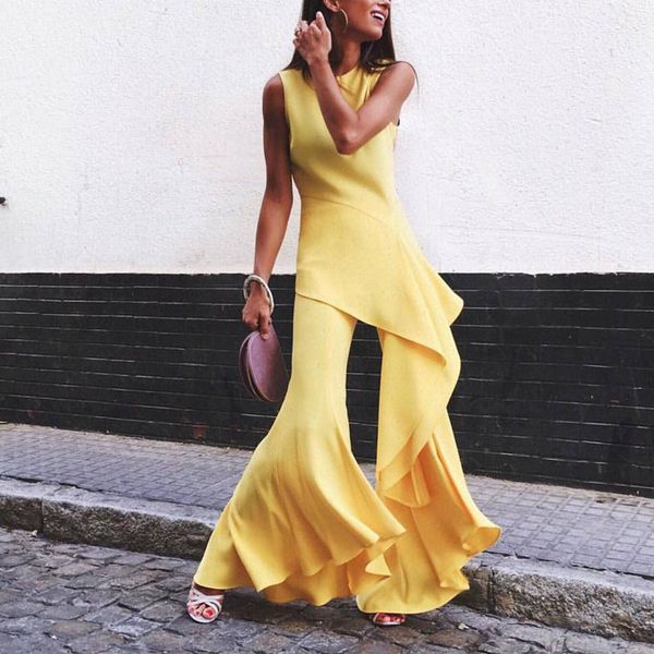 

nice new fashion summer elegant office women yellow casual jumpsuit sleeveless female boot cut wide leg jumpsuit romper, Black;white