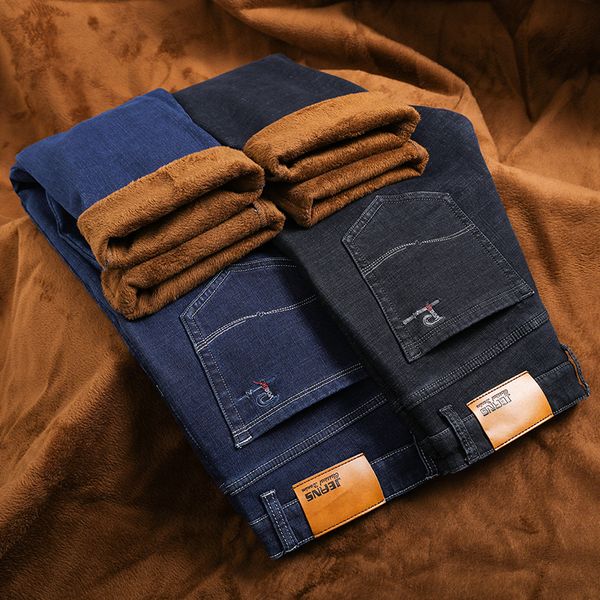 

2020 winter new men's warm black jeans elasticity slim fit thicken denim pants brand trousers male bule big plus size 44 46, Blue