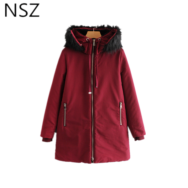 

nsz women faux fur collar long parka jacket winter coat long sleeve zipper hooded coat outwear cotton padded elegant overcoat, Black
