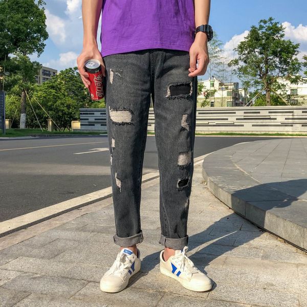 

2019 autumn and winter new loose retro patch hole no elastic waist jeans fashion casual trousers black / sky blue -2xl
