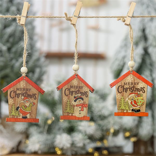 

xmas christmas wooden small house pendant new year coloured drawing santa claus elk house christmas tree hanging ornaments af220
