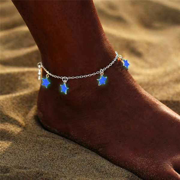 Tornozeleiras Moda Pentagrama Luminoso Estrela Tornozelo Coração Charme Pulseira Sandália Sexy Praia Perna Corrente Jóias de Verão Conforto