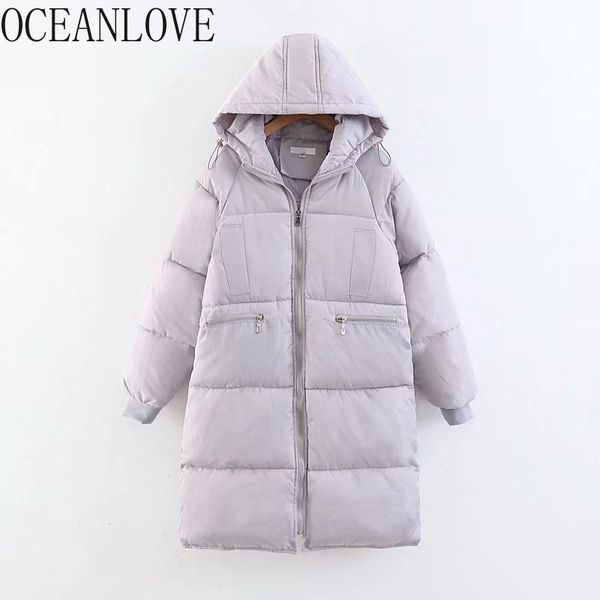 

oceanlove hooded thick solid parkas 2019 winter coat women zipper thick warm long fashion jacket female korean outwear 13098, Black