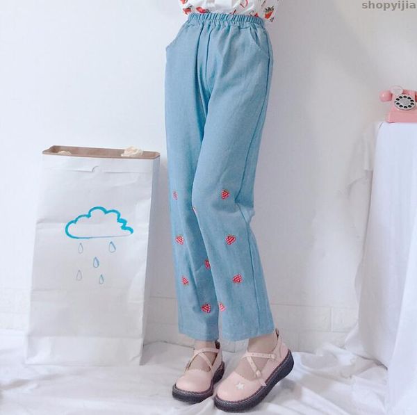 

новые симпатичные клубничный вышивки джинсы летние женщины, Blue