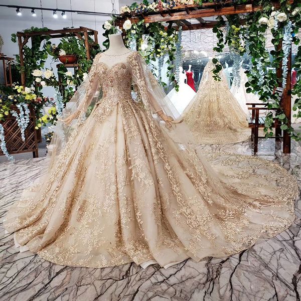 

2019 illusion neckline wedding dresses latest long tulle applique veil lace up back long sleeve pattern sequins beaded wedding gowns, White