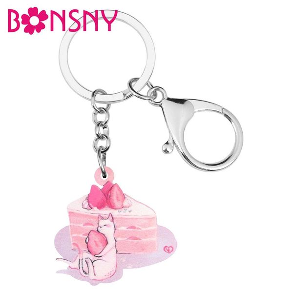 

acrylic valentine's day anime strawberry cake cat key chains rings bag car purse decoration keychain for women girls gift, Silver