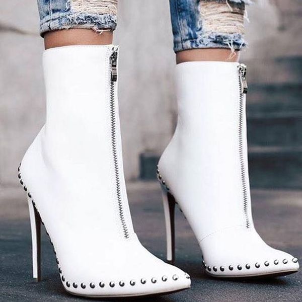 

2019 fashion women 11.5cm high heels ankle rivets fetish sock boots stiletto heels boots studded scarpins white stripper shoes, Black