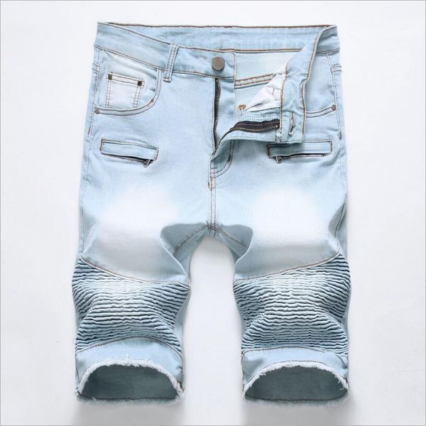 

light blue short jeans summer pleated denim shorts men cotton stretch jean shorts new men zipper casual jeans