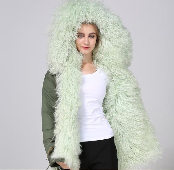 

women mukla furs brand pea green mongolia sheep fur women snow coats pea green mongolia sheep fur lining army green canvas mini parkas, Black