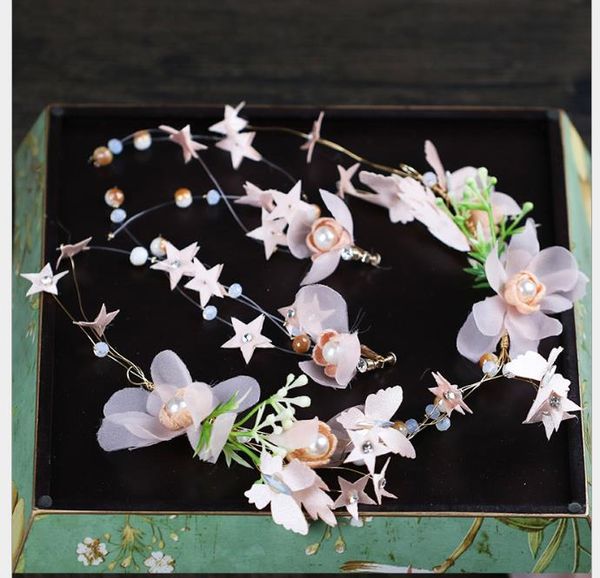 

pink flowers with earrings set elegant pentagonal star wreath bridal headdress set, Slivery;golden