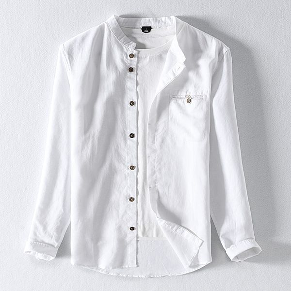 

2020 autumn new men's short-sleeved linen shirt men brand stand collar white shirts for men casual solid shirt mens chemise, White;black