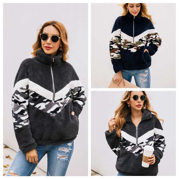 

camo camouflage женщины лоскутная пуловер с длинным рукавом молния sherpa толстовка мягкий флис co камуфляж камуфляж outwear с карманы tops, Black