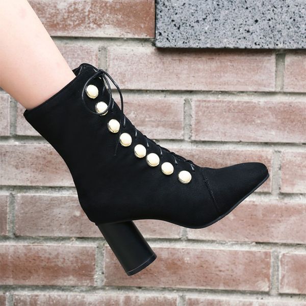 

boots women high heel square head boots woman suede black burgundy winter woman's boot shoes woman female footwear warm