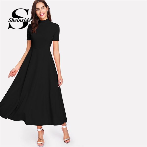 

sheinside mock neck pocket side fit and flare long dress women elegant short sleeve party dresses 2019 womens basics black dress, Black;gray