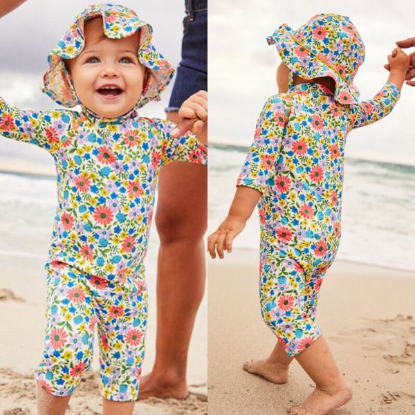 

2020 fashion trend kids girl floral dinosaur pattern swimsuit one piece swimwear beach goliday swimming costume outfits with hat
