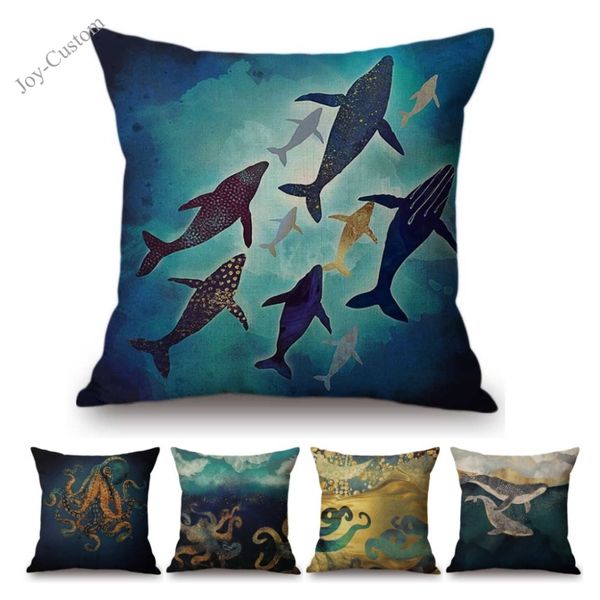 

blue metallic gold ocs whale marine lives geometric design home decorative pillow case cotton linen sofa chair cushion cover