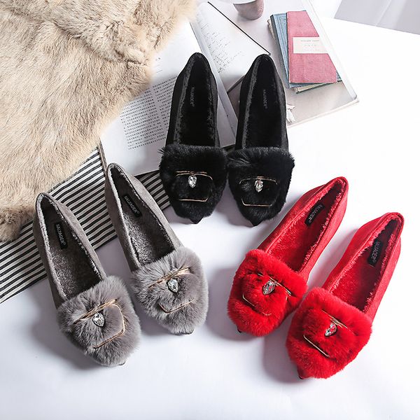 

pointy toe fur plush keep warm flat moccasins long fur crystal metal decorated shallow cotton shoes woman casual slip on loafers, Black