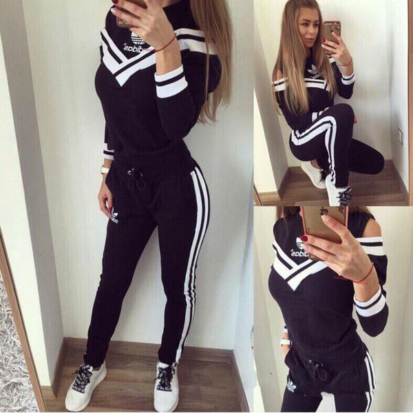 

женщины 2 шт комплект толстовки + брюки бег трусцой костюм наряды пуловер с длинным рукавом+леггинсы спортивный костюм осень зима одежда спо, Black;gray