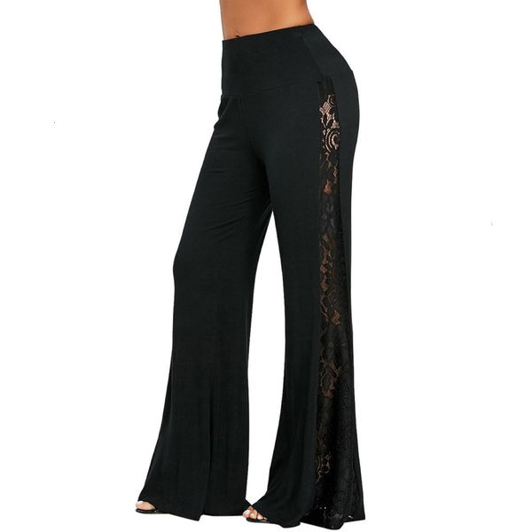 

women trousers fashion polyester 2019 womens ladies high waist lace insert new summer wide leg pants elastic waist harem loose trousers, Black;white