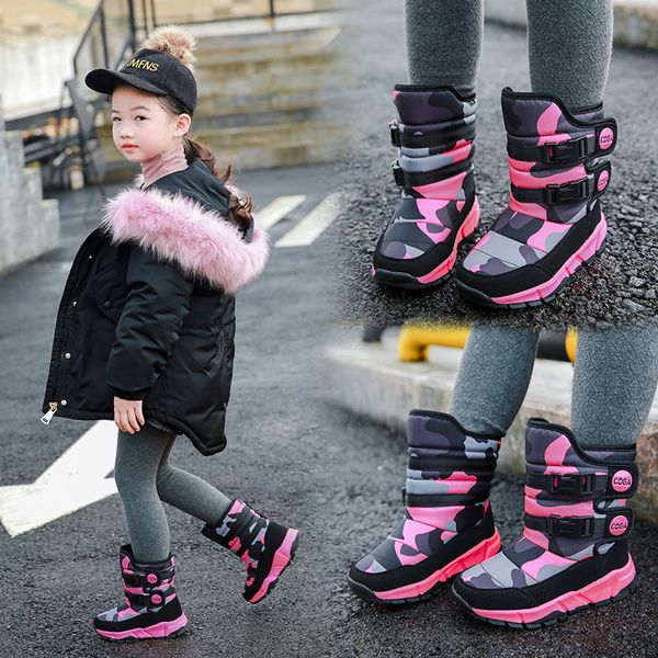 

boys girls plush cotton shoes british platform thermal short boots kids winter water-resistant anti-slip camouflage snow boots, Black;grey