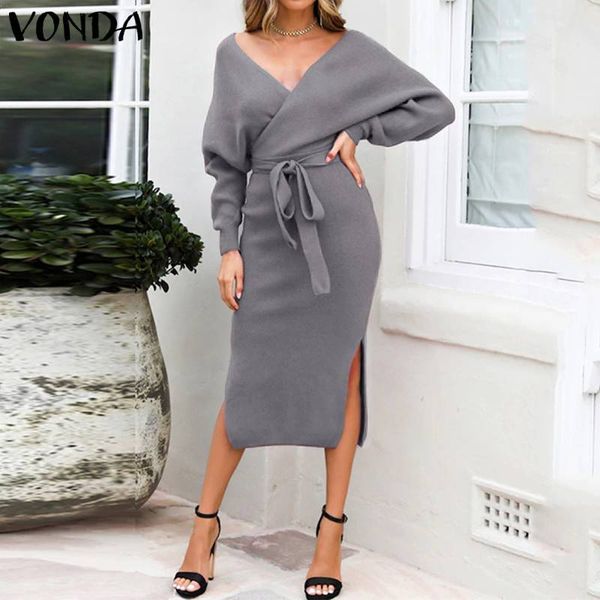 

vonda autumn winter v neck long sleeve dress solid color party knee-length dresses plus size bohemian robe femme vestidos, Black;gray