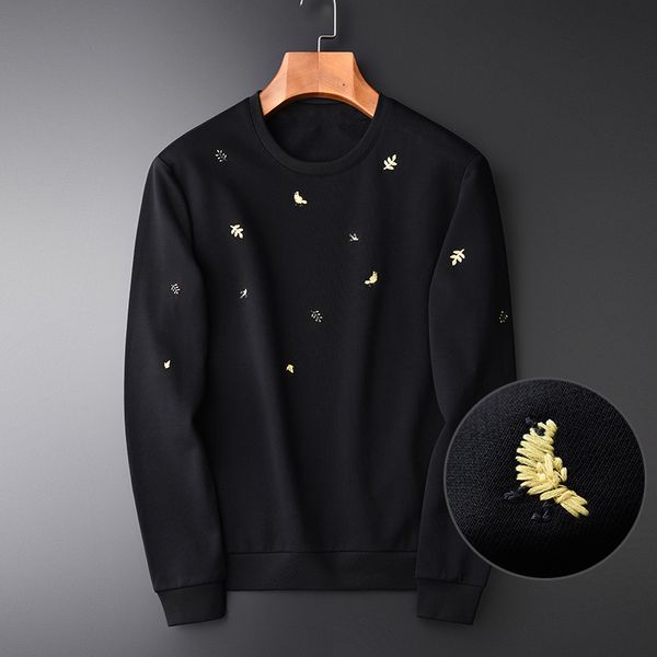 

minglu spring sweatshirt men luxury 100% cotton bird and flower round collar sweatshirt male plus size 4xl slim black men hoodie