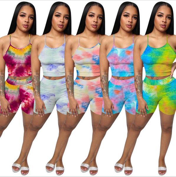

2020 женщины две кусочки наборы летние трексейты цвет tie-dye print ремешок жилет топы + jogger shorts cust club leggings сексуальный фитнес, Gray