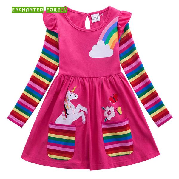 

девушки платье 100% хлопок детской одежды девочка с длинным рукавом единорог платье весной и осенью вышитые карманная радуга рукав y200102, Red;yellow