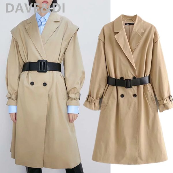 

dave&di 2020 spring england style vintage notched double breasted oversize loose khaki long coat trench coat women overcoat, Tan;black