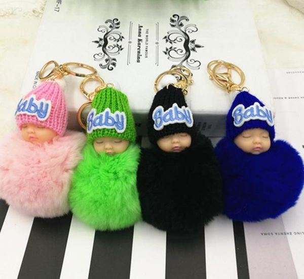 

keychains fluffy faux fur pompom sleeping baby key chain women rex pompon doll keychain car keyring toy year gift, Silver