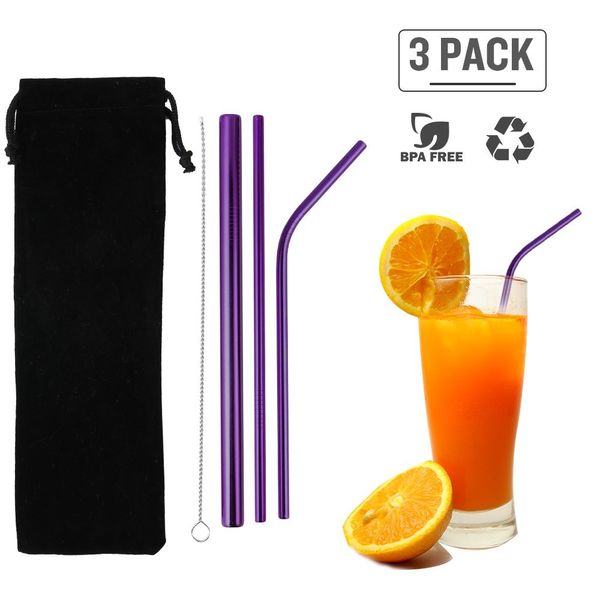 

3pcs stainless steel reusable straws set matte drinking straws bpa for all sizes tumblers cold beverage cleaning brush, purple