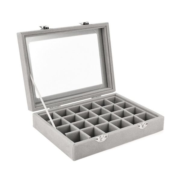 

24 grids velvet jewelry box rings earrings necklaces makeup holder case organizer women jewelery storage, Pink;blue