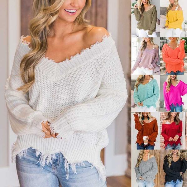 

2020 european and american-style knitted sweater selling v-neck off-shoulder loose-fit pullover sweater irregular women top, White;black